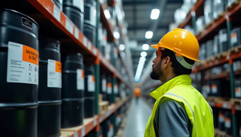 Responsable logistique inspectant des fûts de marchandises dangereuses étiquetés selon la réglementation ADR dans un entrepôt industriel