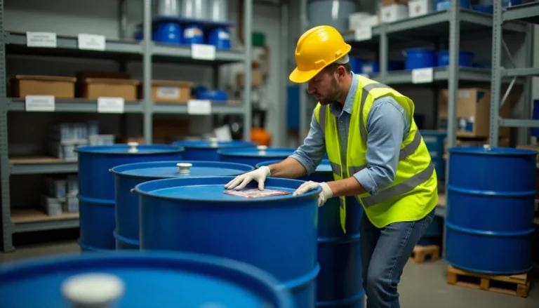 Responsable sécurité étiquetant un fût de matières dangereuses résiduelles dans une zone de stockage industrielle organisée et conforme