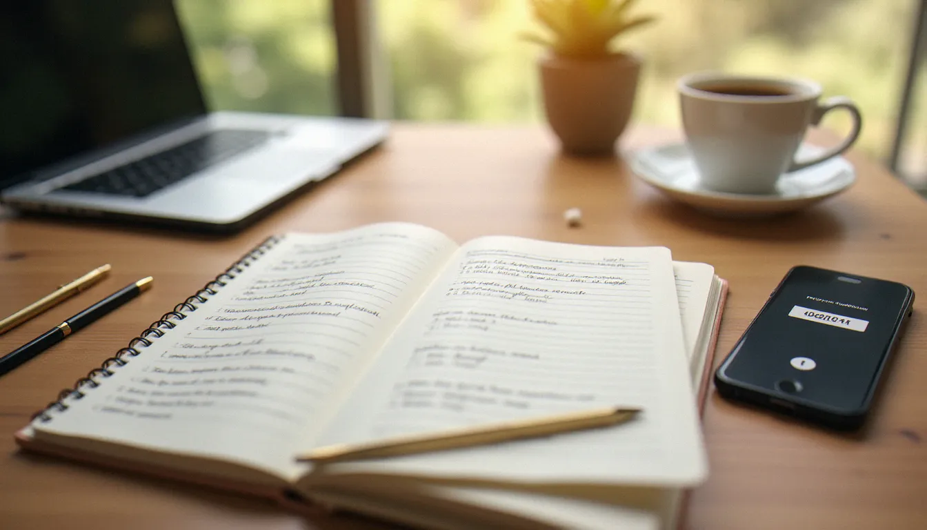 Bureau organisé avec carnet de notes structuré et smartphone affichant une authentification à deux facteurs, symbolisant une méthode rigoureuse de gestion des accès numériques