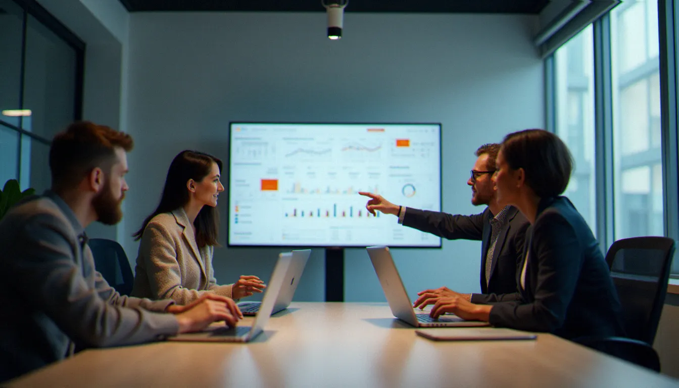 Équipe professionnelle en réunion autour d'ordinateurs portables dans un bureau moderne, travaillant ensemble à l'intégration d'outils numériques de sécurité dans leurs processus internes