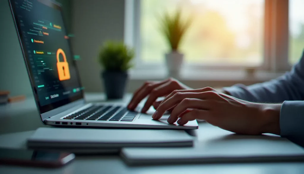 Mains d'un consultant tapant sur un clavier d'ordinateur portable dans un bureau épuré, illustrant la gestion des mots de passe en milieu professionnel