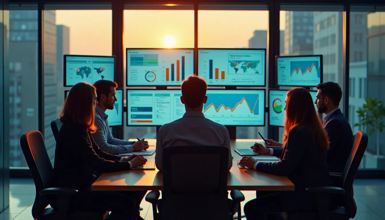 Équipe du service financier d'une collectivité analysant des tableaux de bord numériques de suivi des recettes publiques lors d'une réunion de pilotage