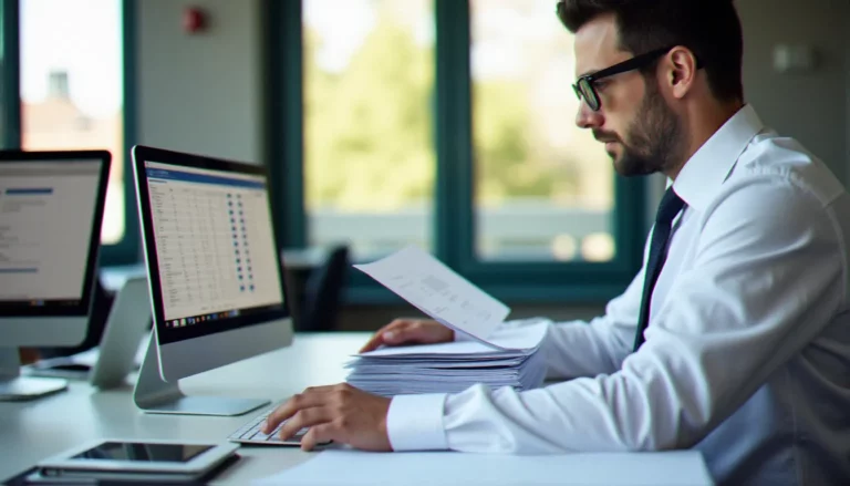 Responsable financier d'une collectivité territoriale examinant des documents officiels liés à la gestion des recettes publiques dans un bureau administratif moderne et lumineux