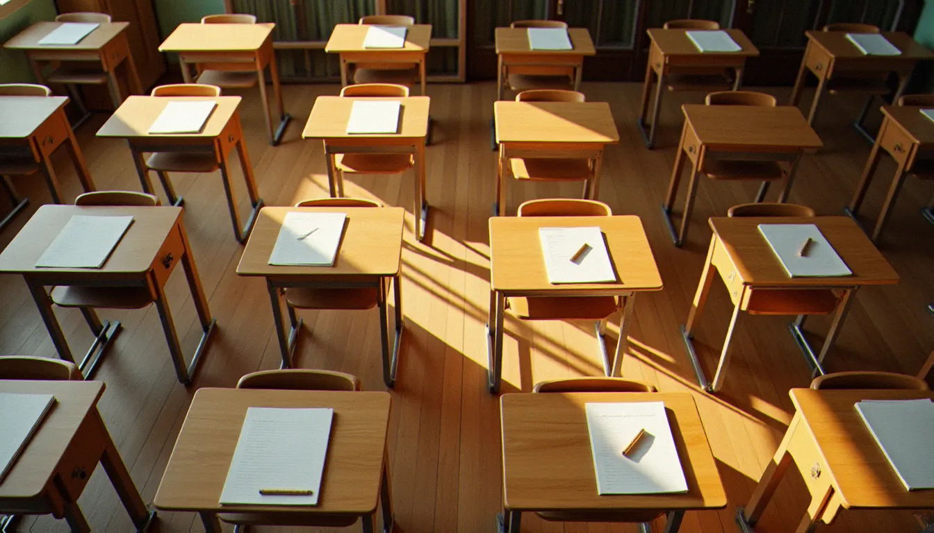 Vue aérienne d'une salle de classe française avec tables en rangées parfaitement alignées et matériel scolaire disposé avec soin sur chaque bureau