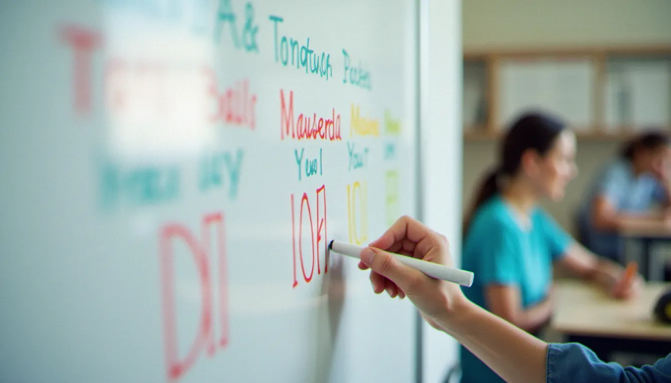 Gros plan sur une main d'enseignant écrivant au marqueur coloré les étapes d'une routine quotidienne structurée au tableau blanc de la classe
