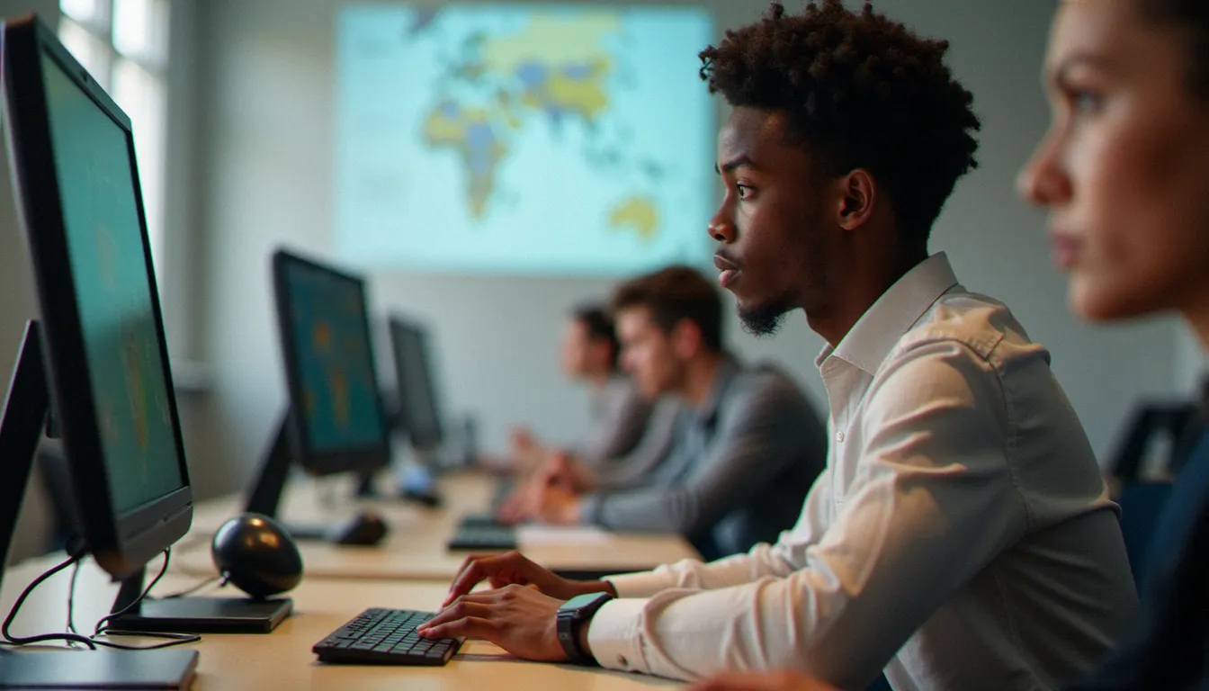 Apprenant adulte concentré sur une tâche individuelle dans une salle de formation organisée avec minuterie numérique visible, illustrant un cadre de travail productif résultant d'une gestion efficace de la classe