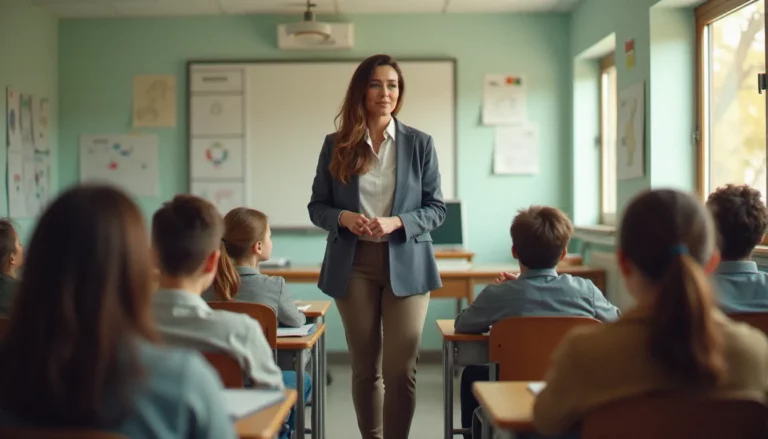 Un enseignant debout face à une classe bien organisée, illustrant la gestion efficace de la classe avec des élèves attentifs et un affichage structuré au tableau