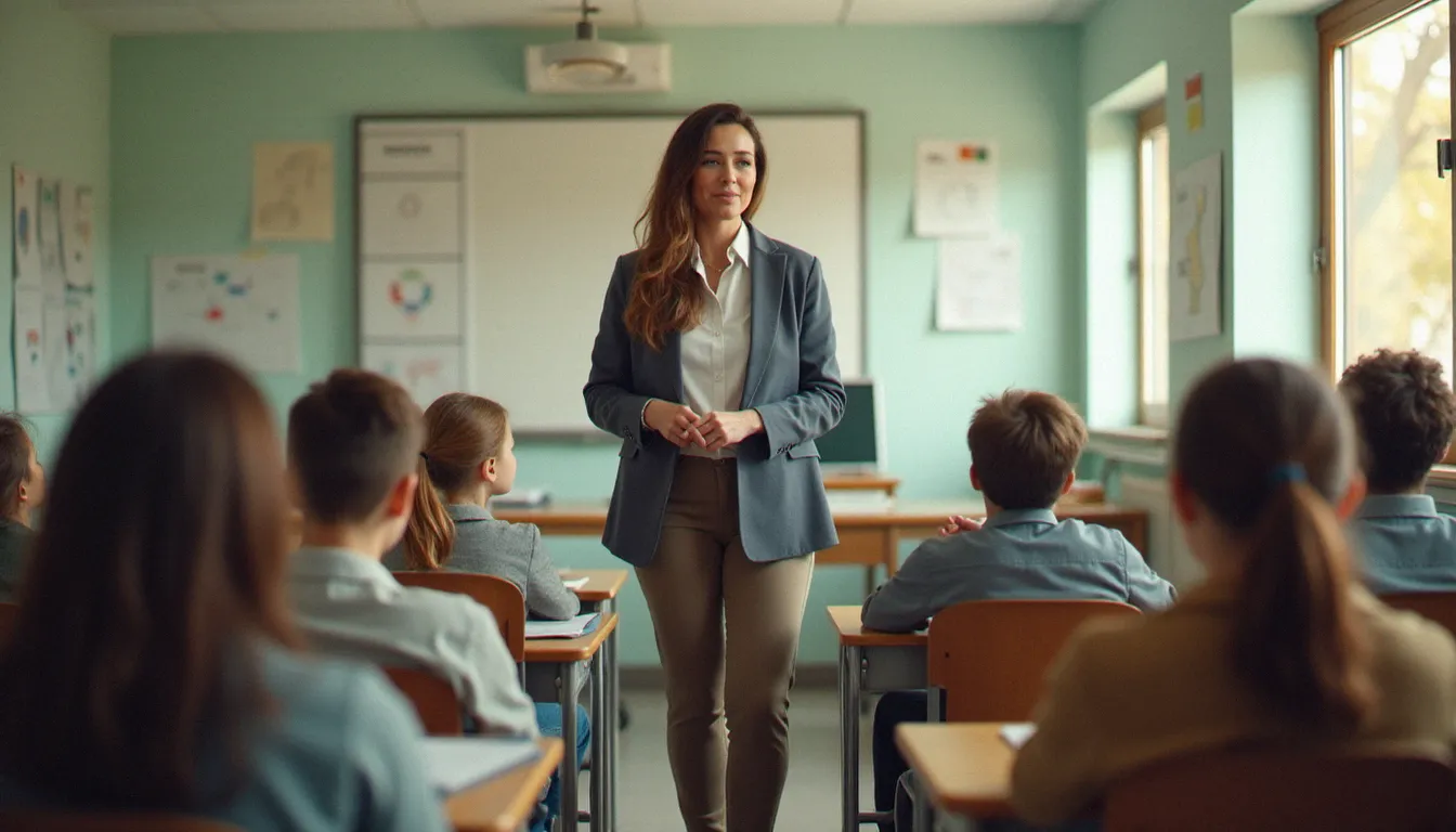 Un enseignant debout face à une classe bien organisée, illustrant la gestion efficace de la classe avec des élèves attentifs et un affichage structuré au tableau