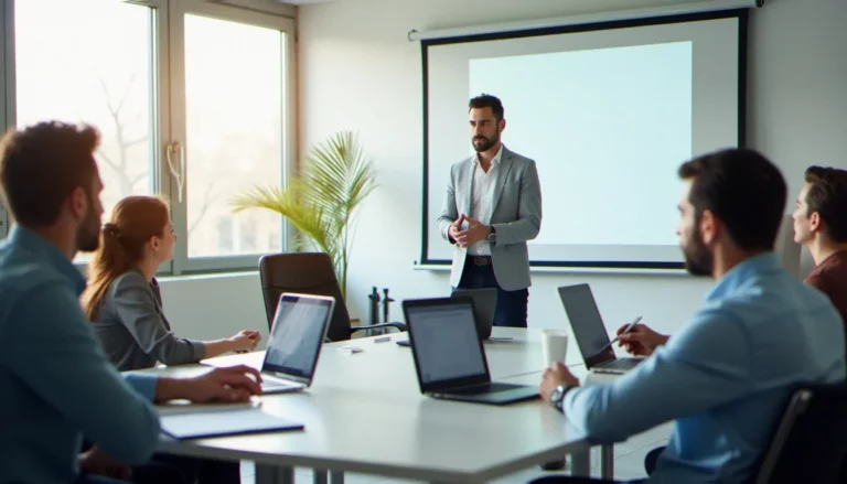 Formateur professionnel en position d'autorité face à un groupe de participants adultes bien organisés dans une salle de formation moderne, illustrant la gestion efficace de la classe en contexte professionnel