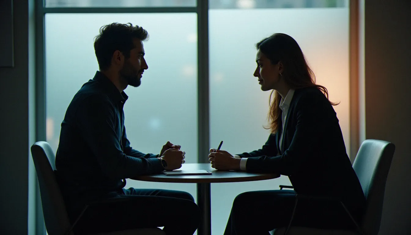 Deux collaborateurs engagés dans une conversation directe et constructive pour traiter un écart comportemental dans un cadre professionnel bienveillant