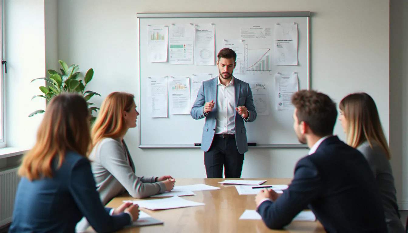 Un consultant présentant un cadre de gestion efficace des comportements à son équipe dans un bureau moderne et lumineux