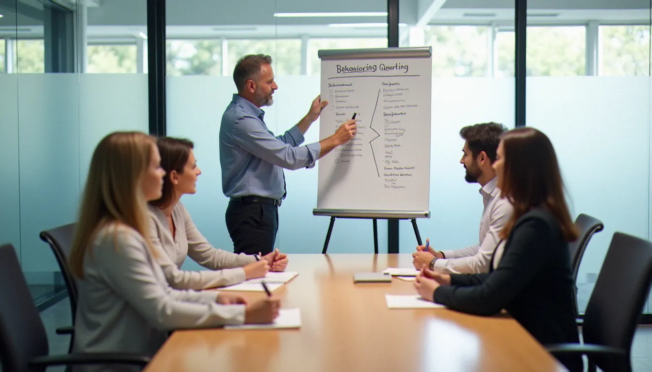 Réunion d'équipe organisée autour d'un référentiel comportemental présenté sur tableau blanc, représentant la phase d'observation dans une démarche de gestion des comportements organisationnels