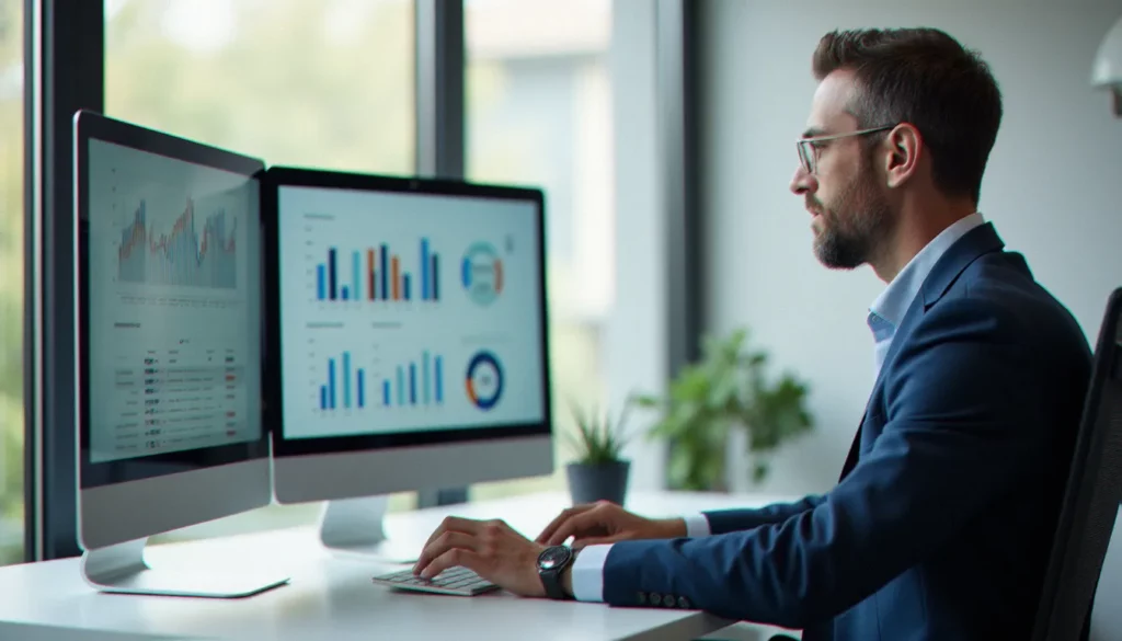Consultant en gestion analysant des tableaux de bord comportementaux sur ordinateur, illustrant une approche rigoureuse de la gestion efficace des comportements teluq en contexte organisationnel