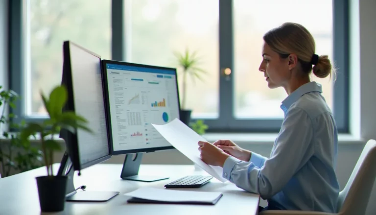 Une gestionnaire professionnelle à son bureau organisé consulte