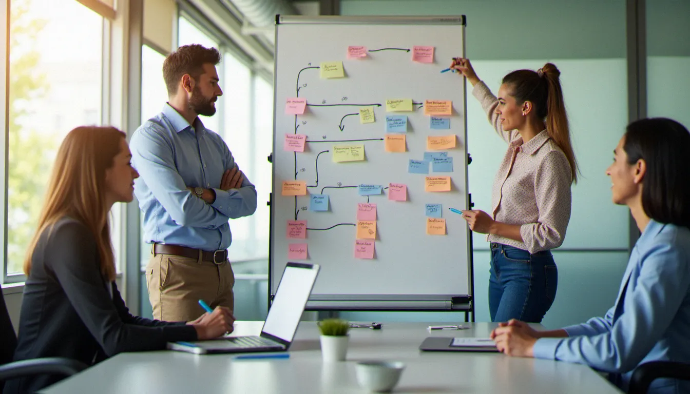 Équipe de professionnels en réunion cartographiant des processus métier sur un tableau blanc, représentant les principes de structuration organisationnelle