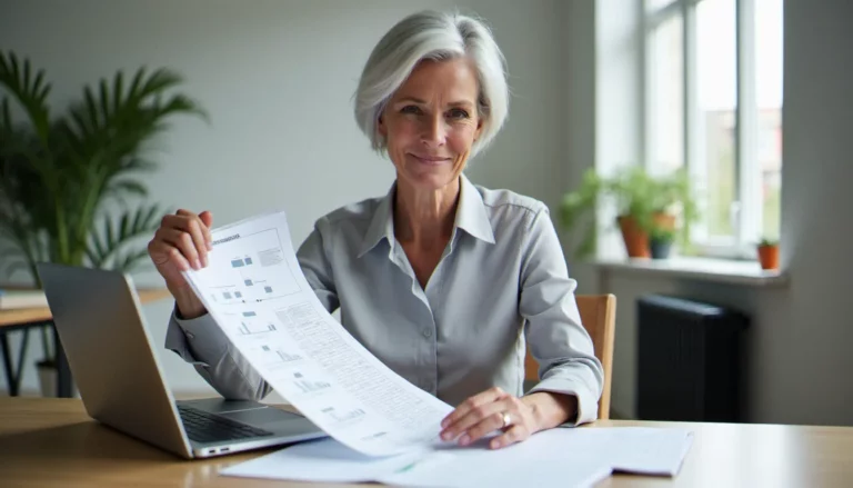 Dirigeante en train d'analyser un organigramme structuré dans un bureau moderne, illustrant la gestion France Bilodeau Inc et ses méthodes organisationnelles