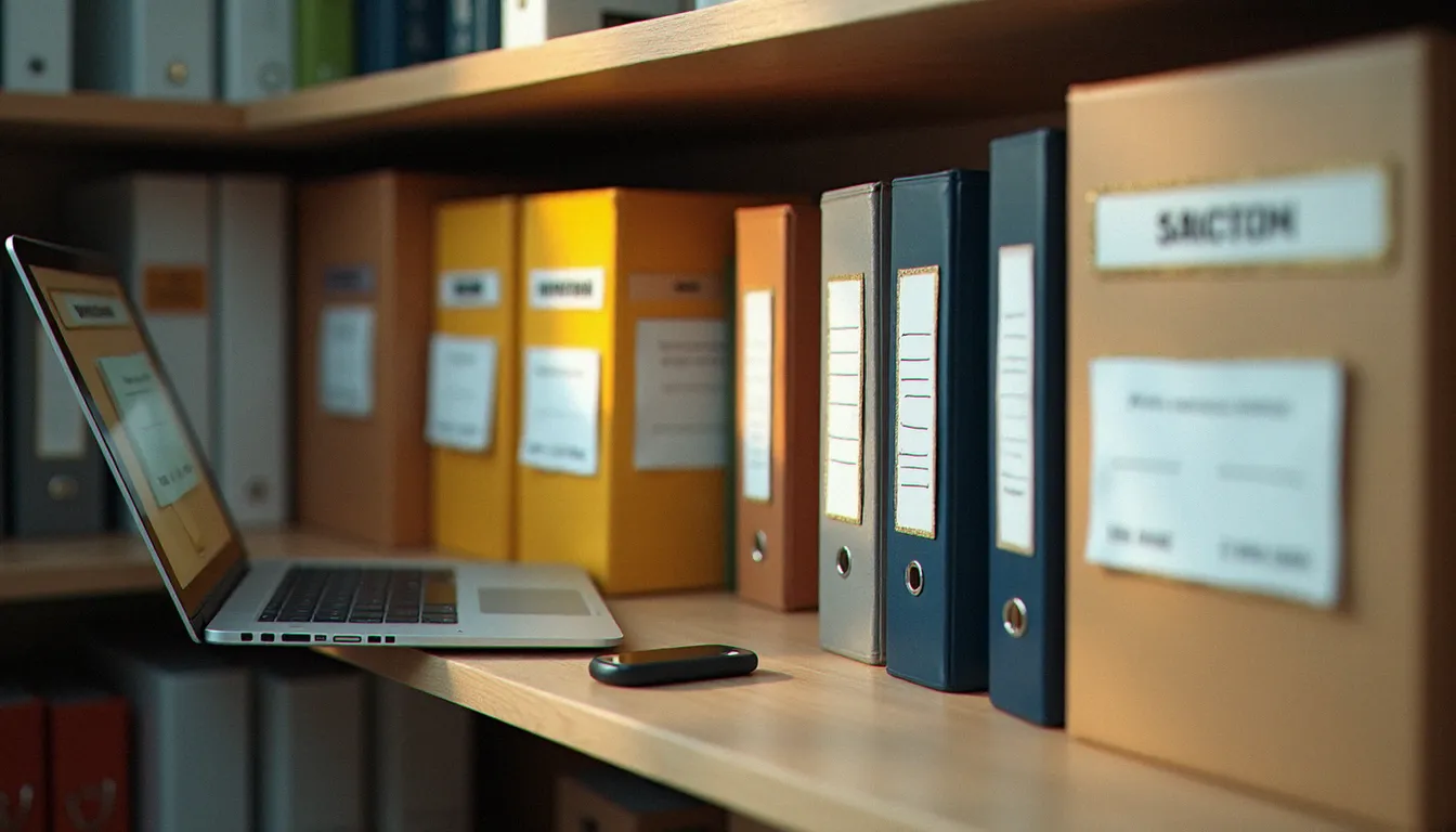 Rayonnage d'archives professionnelles organisées par catégories dans un bureau d'entreprise, représentant la structuration d'une bibliothèque de médias d'entreprise