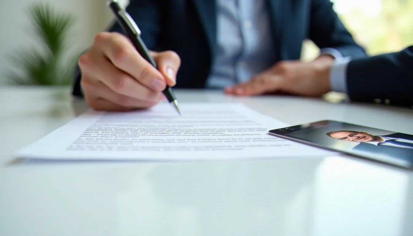 Signature d'un formulaire de consentement photo dans un cadre professionnel, illustrant les obligations légales encadrant les photos d'entreprise en France