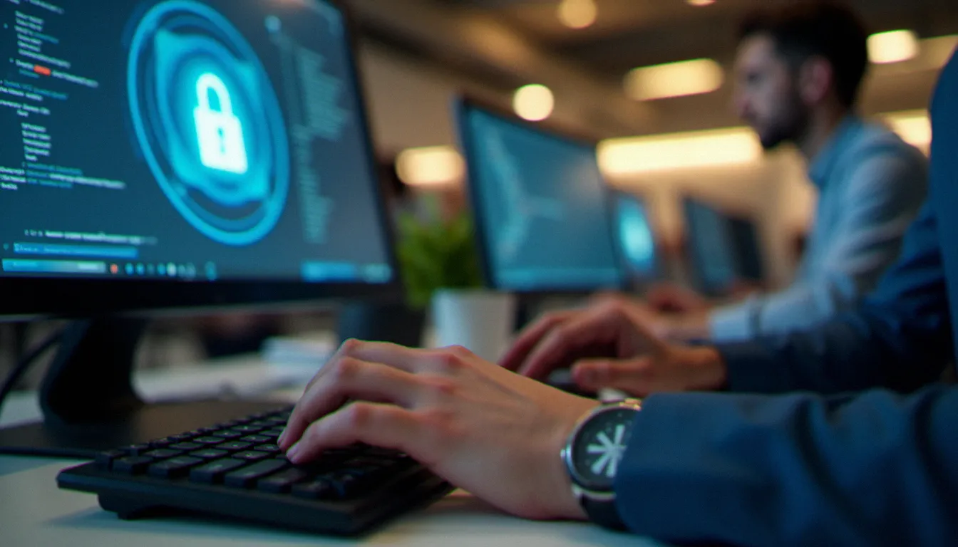 Connexion sécurisée à un portail employeur en ligne, mains sur le clavier dans un environnement de bureau professionnel, illustrant l'accès à l'espace employeur France Travail
