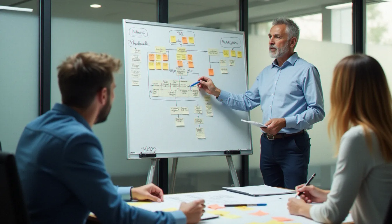 Consultant présentant un processus RH structuré sur tableau blanc à son équipe, illustrant l'intégration des obligations déclaratives France Travail dans l'organisation administrative d'une entreprise