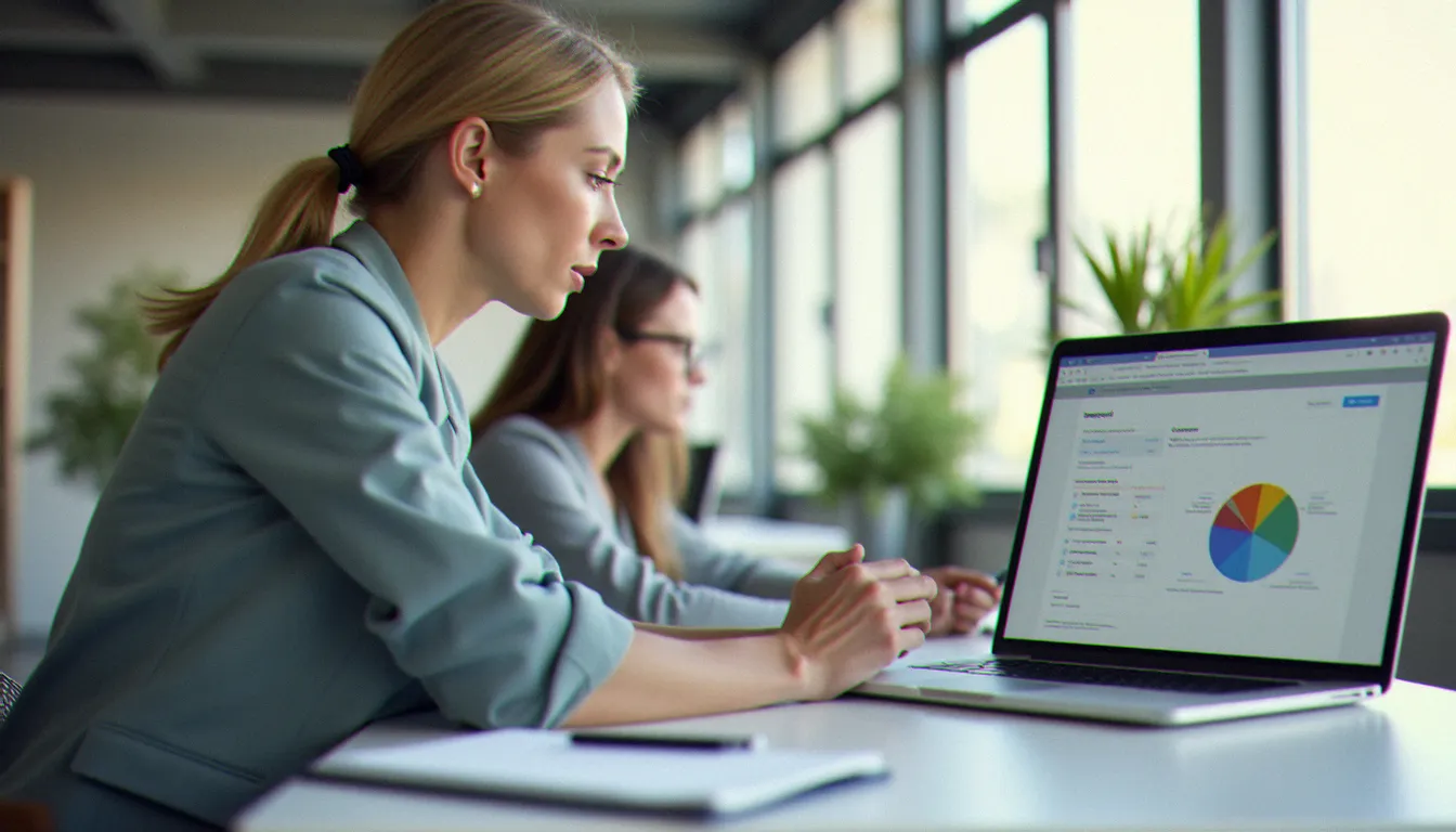 Responsable RH consultant l'espace employeur France Travail sur son ordinateur portable dans un bureau professionnel lumineux, illustrant la gestion des démarches administratives employeur