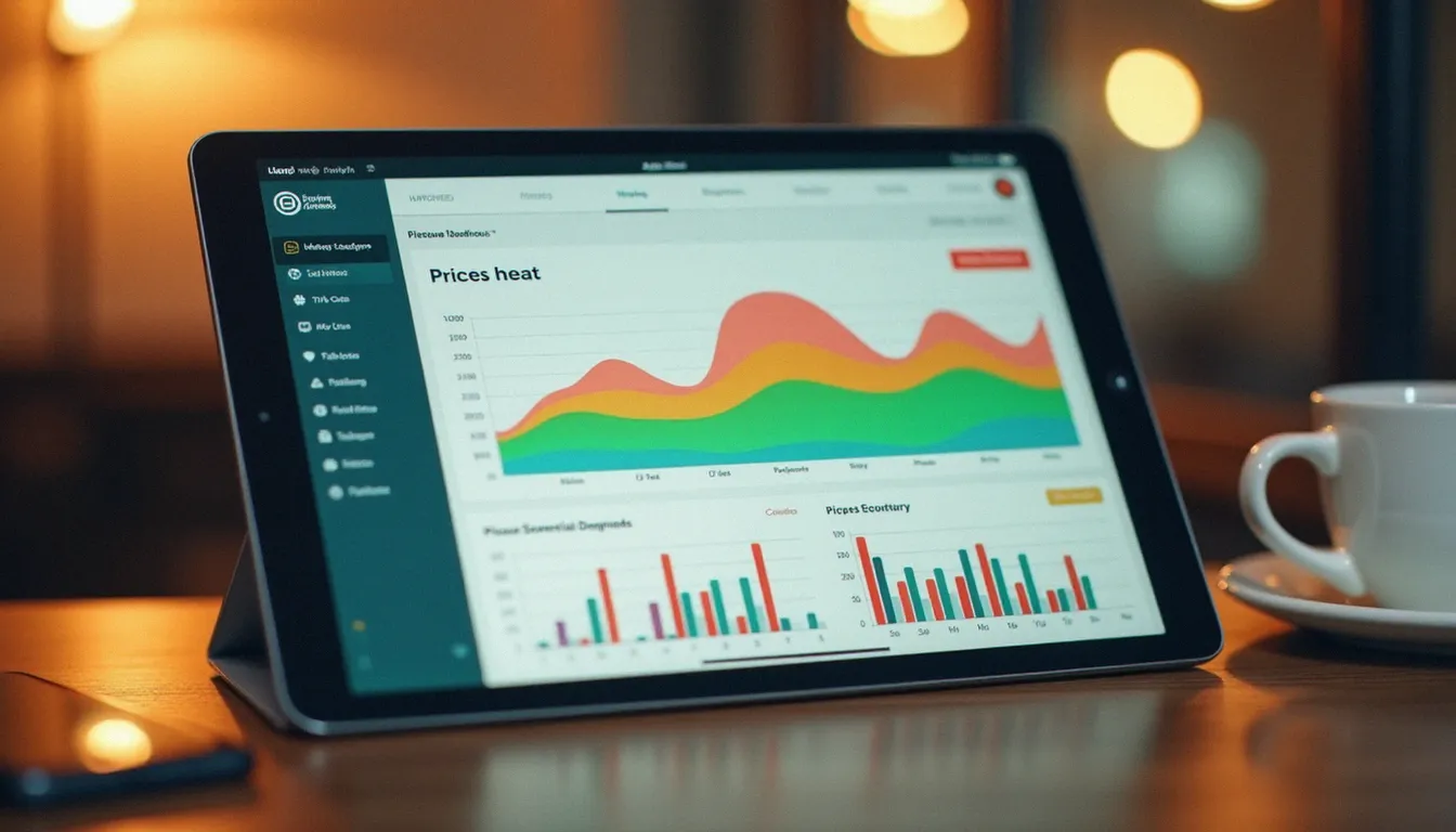 Tableau de bord de revenue management affiché sur une tablette montrant un calendrier de tarification dynamique et des graphiques de demande saisonnière pour une location courte durée
