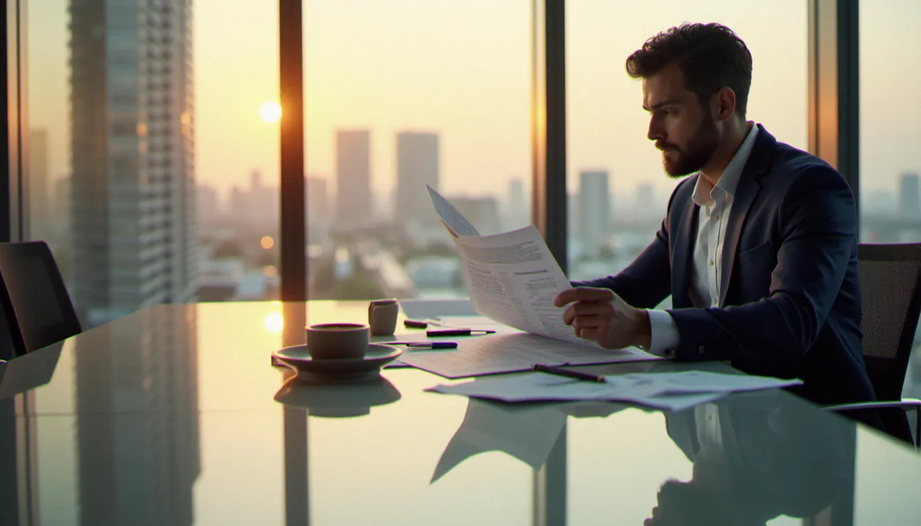 Professionnel de l'immobilier examinant des rapports de rentabilité locative dans un bureau moderne avec vue sur la ville, illustrant la délégation de la gestion prix Airbnb