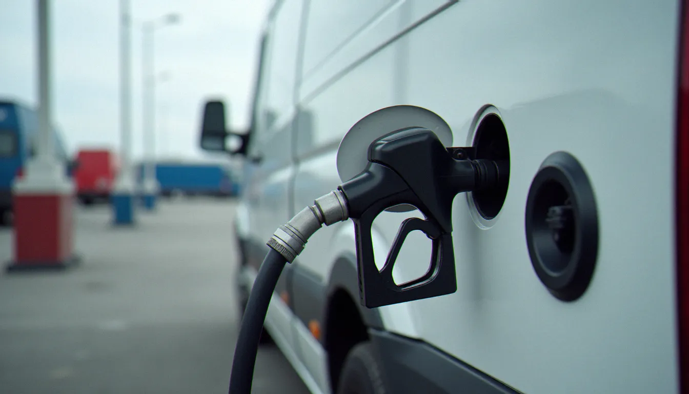 Pompe à carburant insérée dans le réservoir d'un véhicule utilitaire de flotte professionnelle lors d'un plein en station-service autoroutière