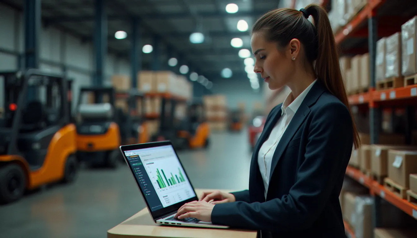 Responsable logistique consultant un logiciel de suivi de consommation carburant sur ordinateur portable dans un entrepôt professionnel moderne
