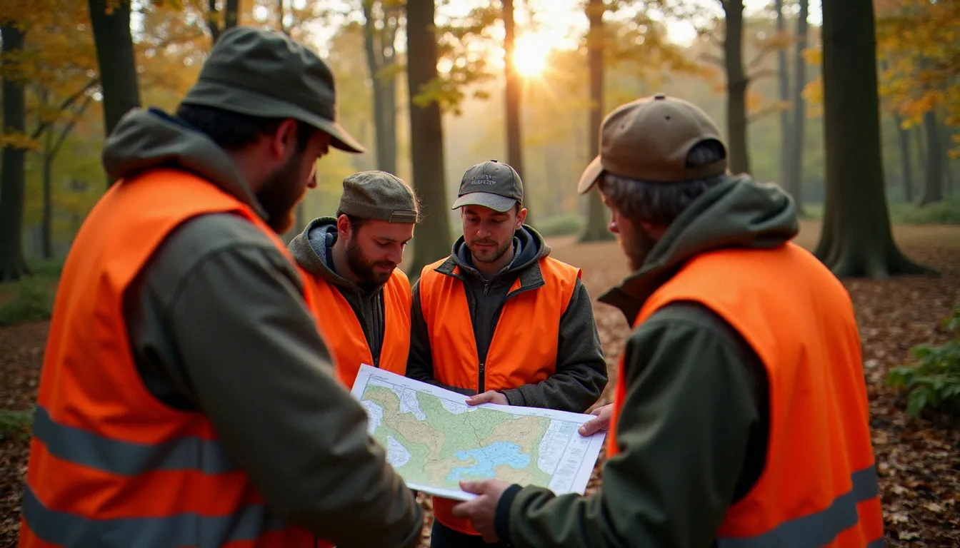 Équipe de chasseurs de l'Ain organisant une battue de régulation en forêt, coordination terrain dans le cadre du plan de chasse préfectoral
