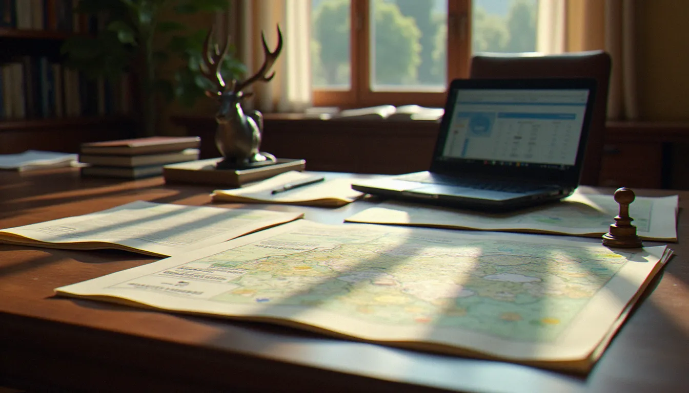 Bureau administratif d'une communauté autonome espagnole avec dossiers de gestion cynégétique et cartes de cotos de chasse pour les aides au sanglier