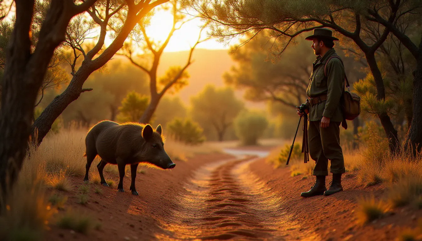 Chasseur espagnol observant des traces de sanglier dans un maquis méditerranéen — illustration de la gestion sanglier espagne aides chasse