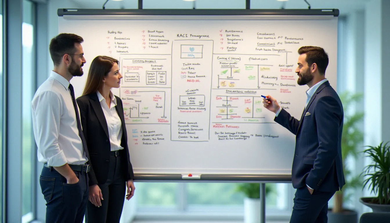 Équipe de trois consultants en gestion analysant une cartographie détaillée de processus organisationnels sur tableau blanc lors d'un atelier de structuration