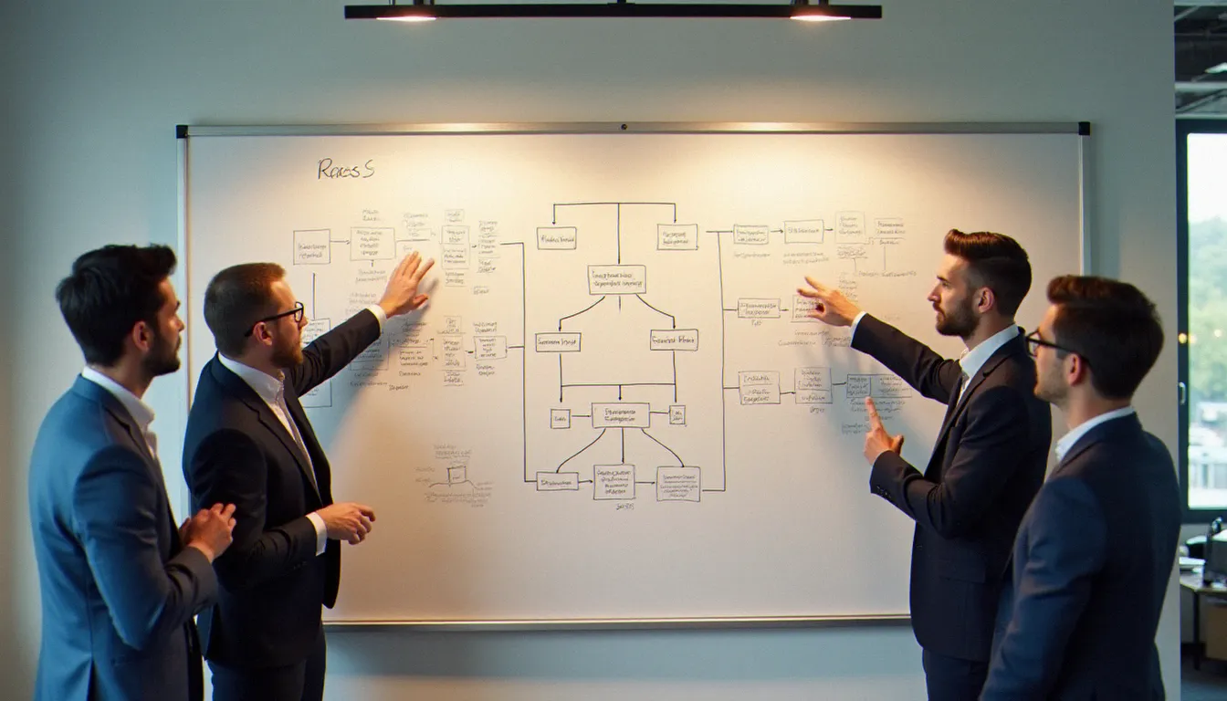 Équipe professionnelle en session d'audit de processus autour d'un tableau blanc avec des diagrammes de flux de travail
