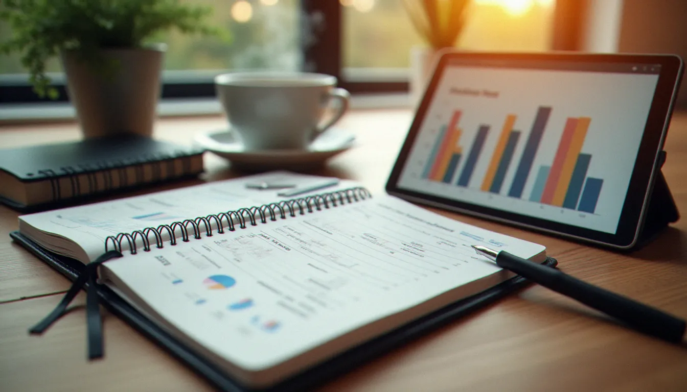 Outils de pilotage organisationnel disposés sur un bureau épuré, incluant carnet de suivi KPI manuscrit et tablette avec graphiques de performance, au cœur de la méthode de gestion structurée