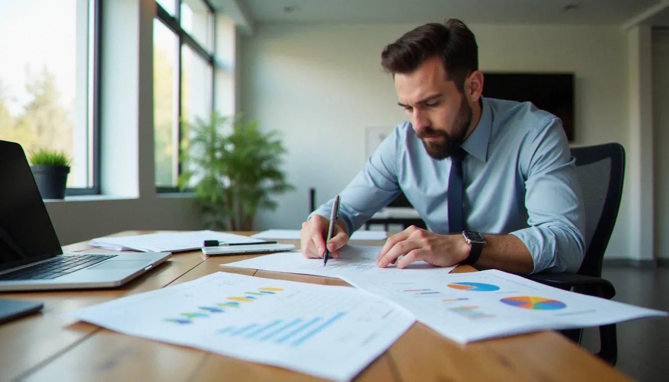 Consultant en gestion analysant des documents de processus structurés sur un bureau organisé, illustration de la méthode de gestion Sanscartier et Duguay Inc