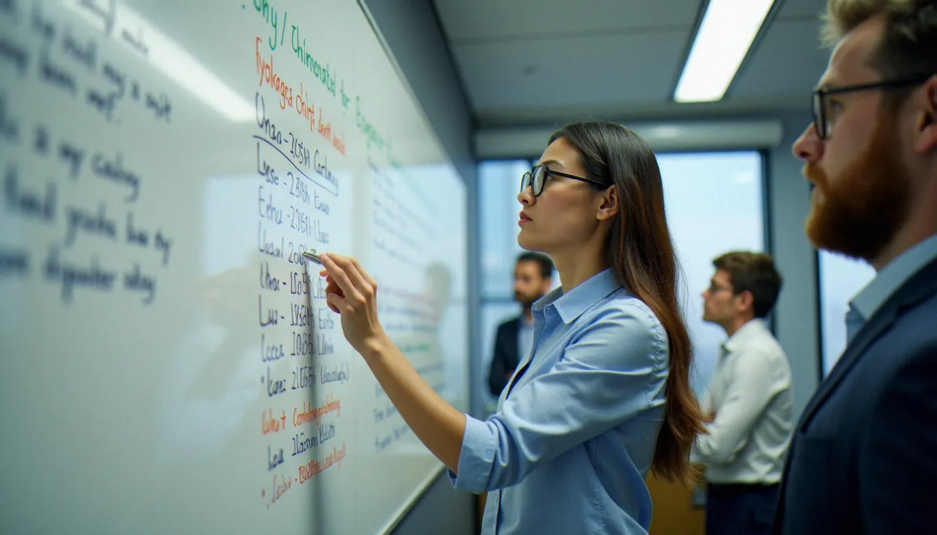 Manager debout devant un tableau de planification rempli de notes manuscrites, illustrant la tension dans la gestion des équipes en période critique