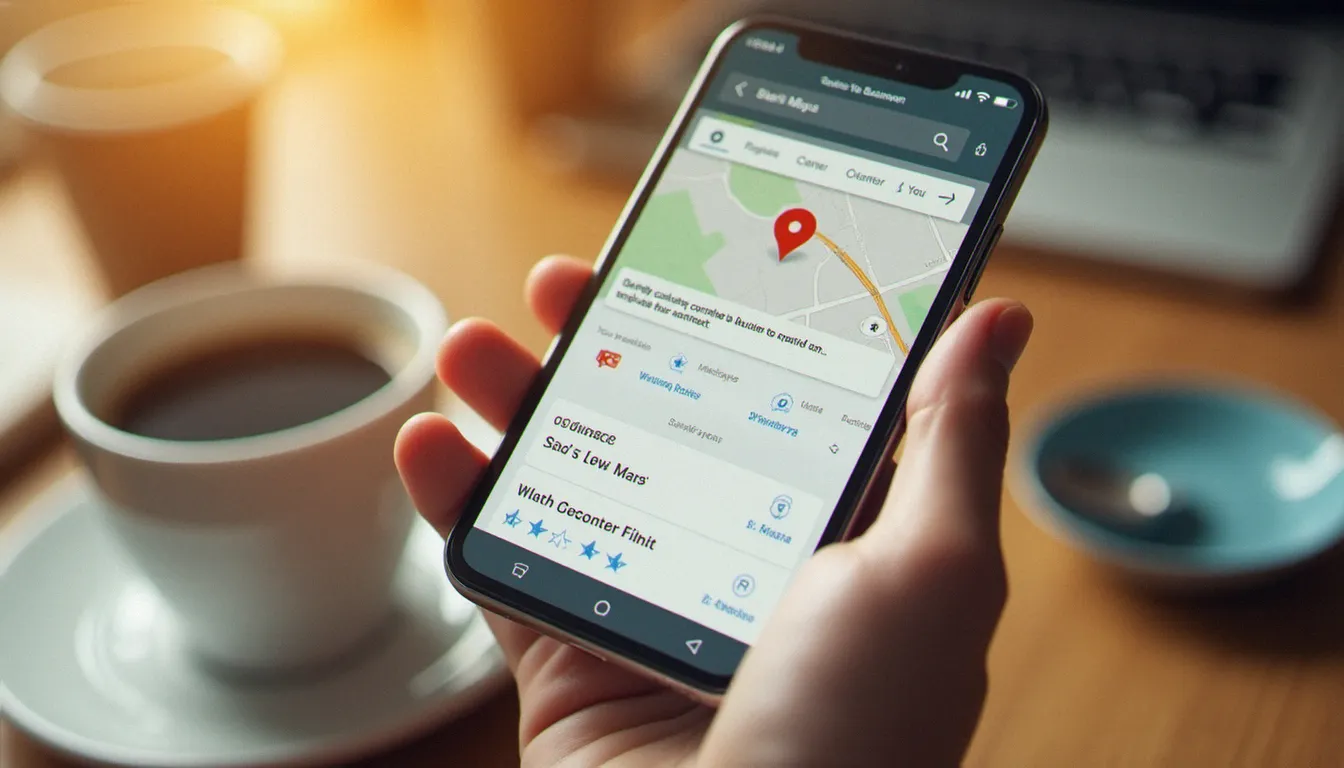 Fiche Google Business Profile affichant des avis clients et une note sur cinq étoiles consultée sur un smartphone posé sur un bureau professionnel