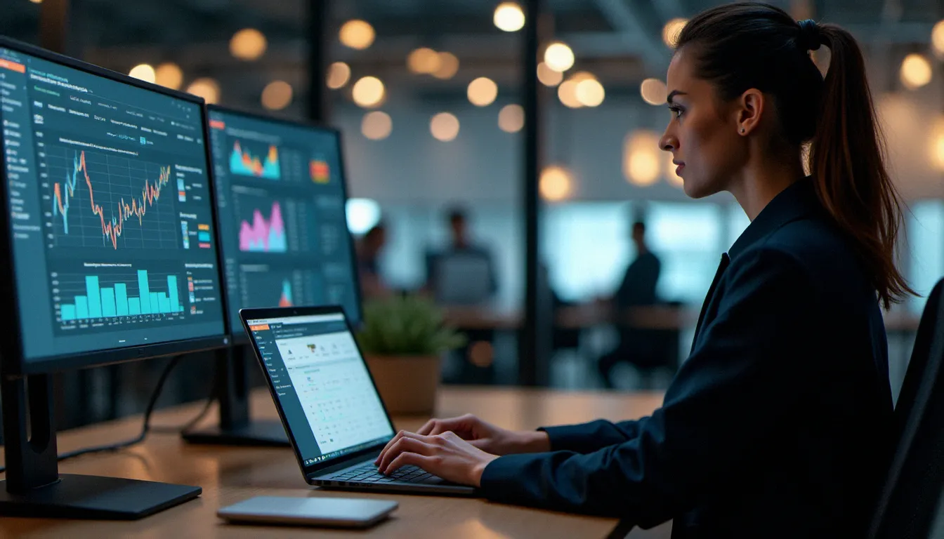 Professionnelle rédigeant une réponse structurée à un avis client depuis son poste de travail équipé d'un tableau de bord d'analyse de réputation en ligne