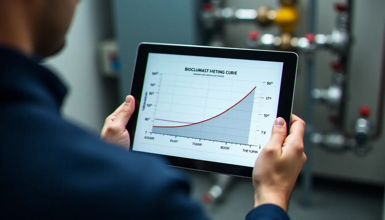 Technicien consultant une courbe de régulation bioclimatique sur tablette dans une chaufferie, illustrant le fonctionnement de la loi d'eau et la régulation thermique