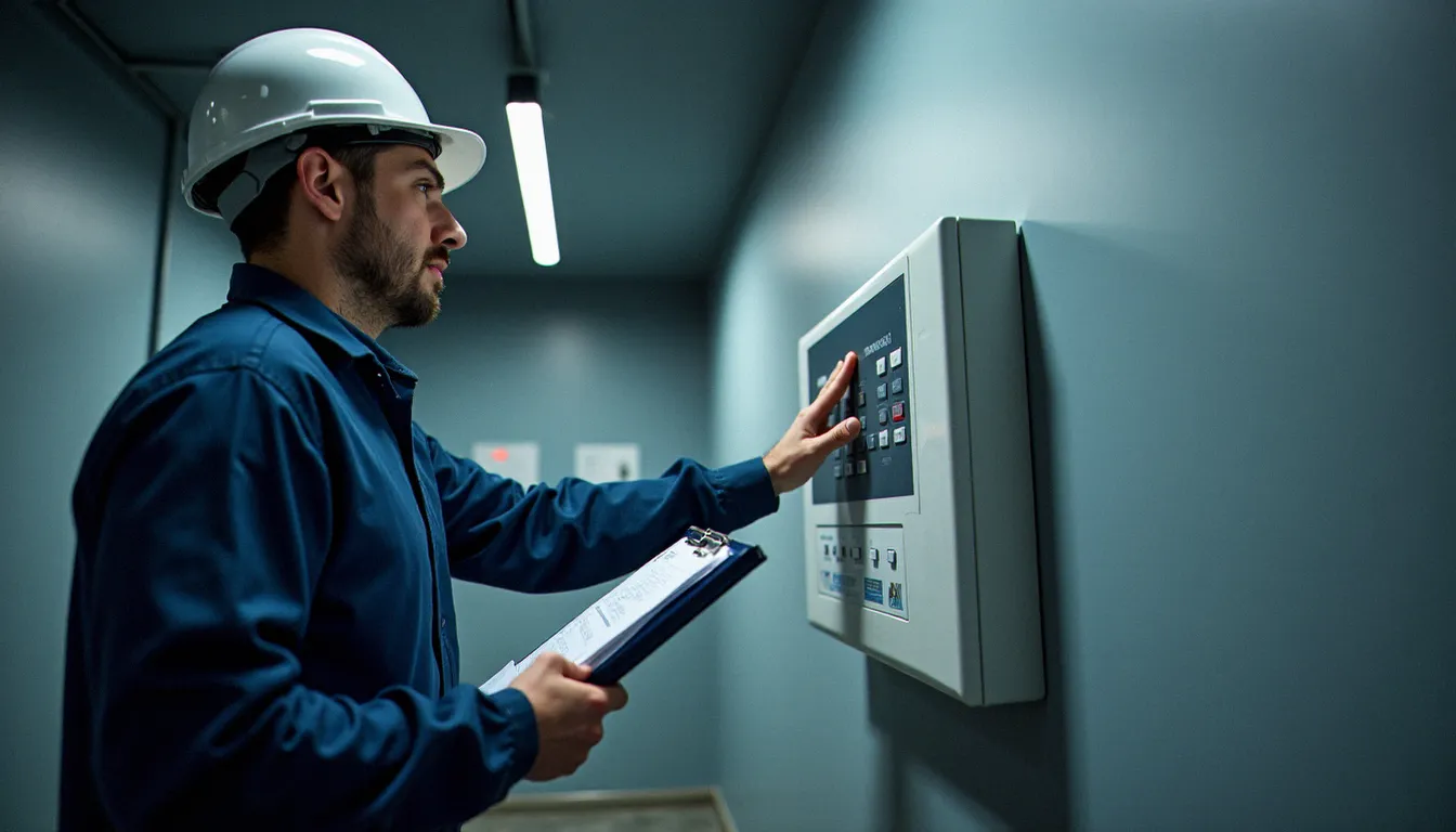 Technicien paramétrant un gestionnaire de régulation thermique dans un local technique d'immeuble résidentiel, suivant une procédure de configuration étape par étape