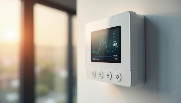 Gestionnaire bioclimatique Delta Dore monté sur un mur intérieur, affichant une courbe de chauffe sur son écran numérique dans un contexte de gestion thermique résidentielle