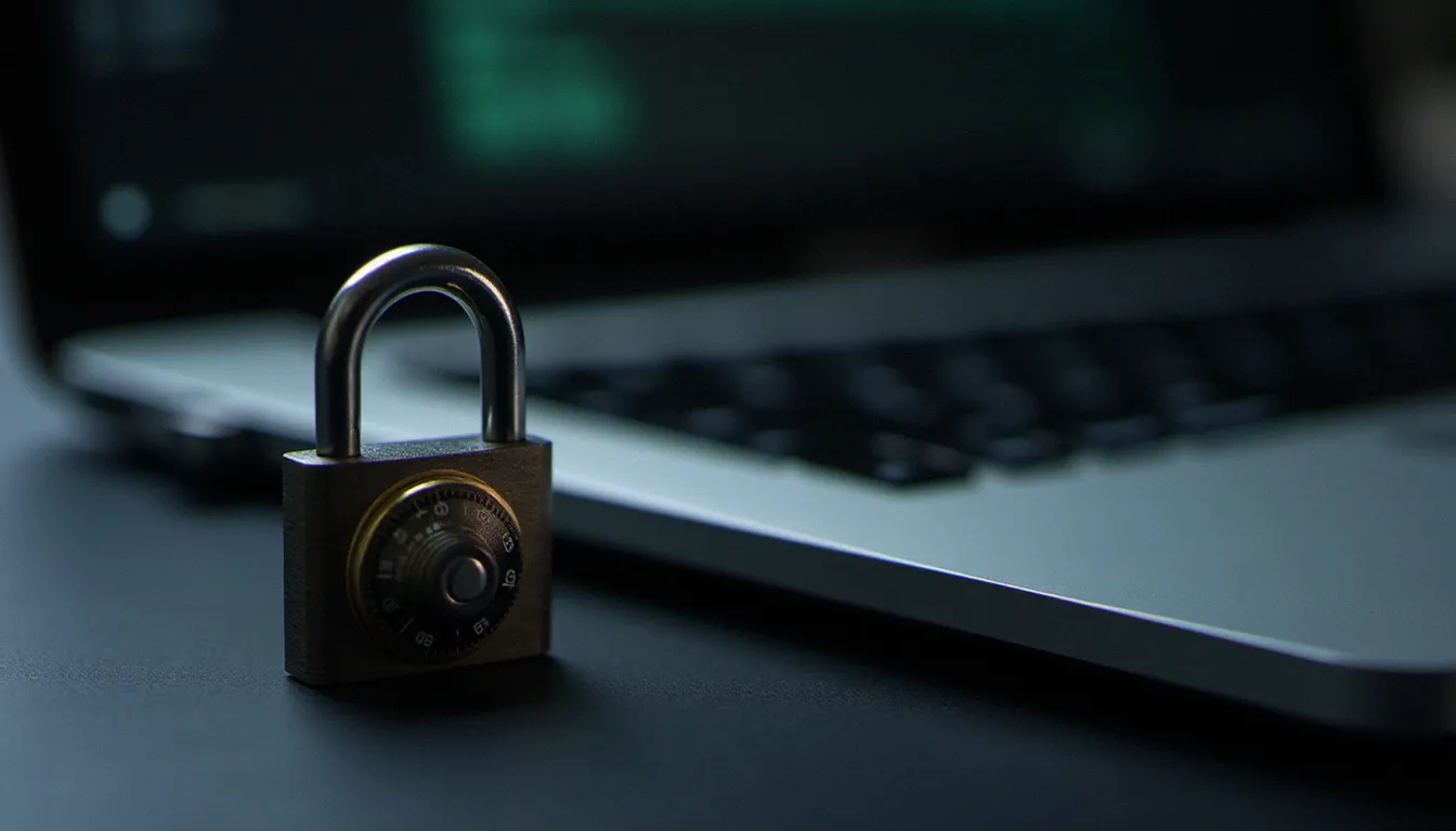 Cadenas physique posé sur un bureau à côté d'un clavier d'ordinateur symbolisant la sécurité et le chiffrement des mots de passe
