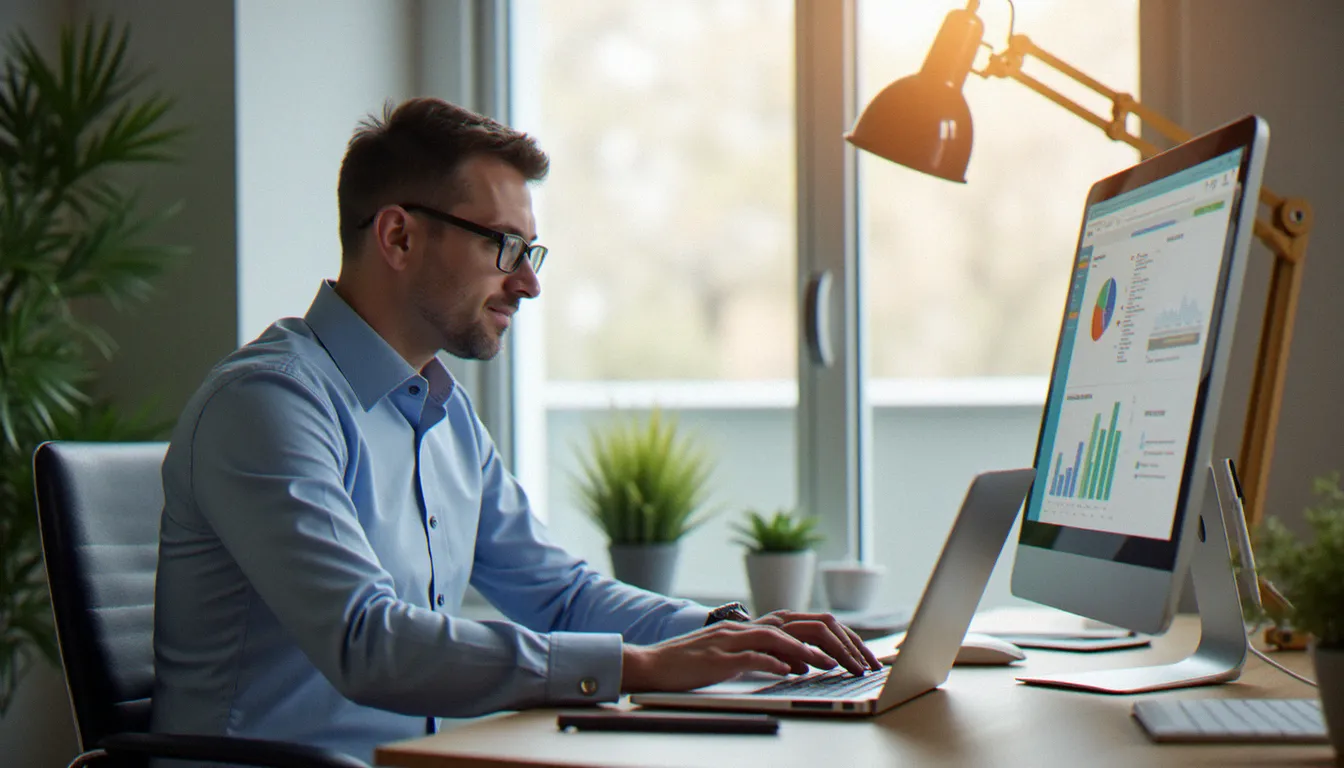 Un consultant professionnel utilisant un gestionnaire de mot de passe sur son ordinateur portable dans un bureau moderne épuré et bien organisé