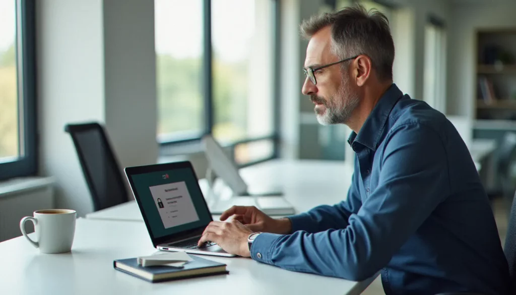 Consultant utilisant un gestionnaire de mot de passe Google sur ordinateur portable dans un bureau moderne et lumineux