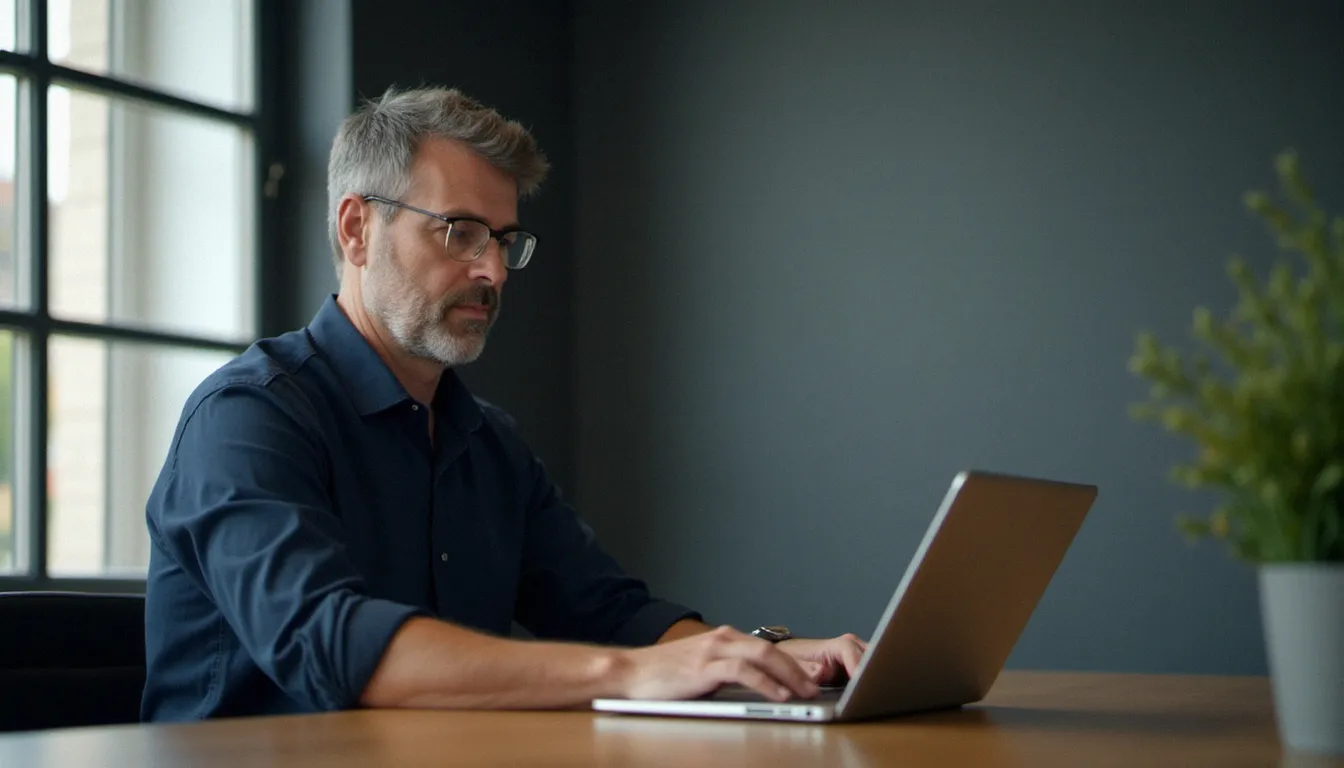 Consultant professionnel utilisant un gestionnaire mot de passe Google sur son ordinateur portable dans un bureau moderne et épuré à Montpellier