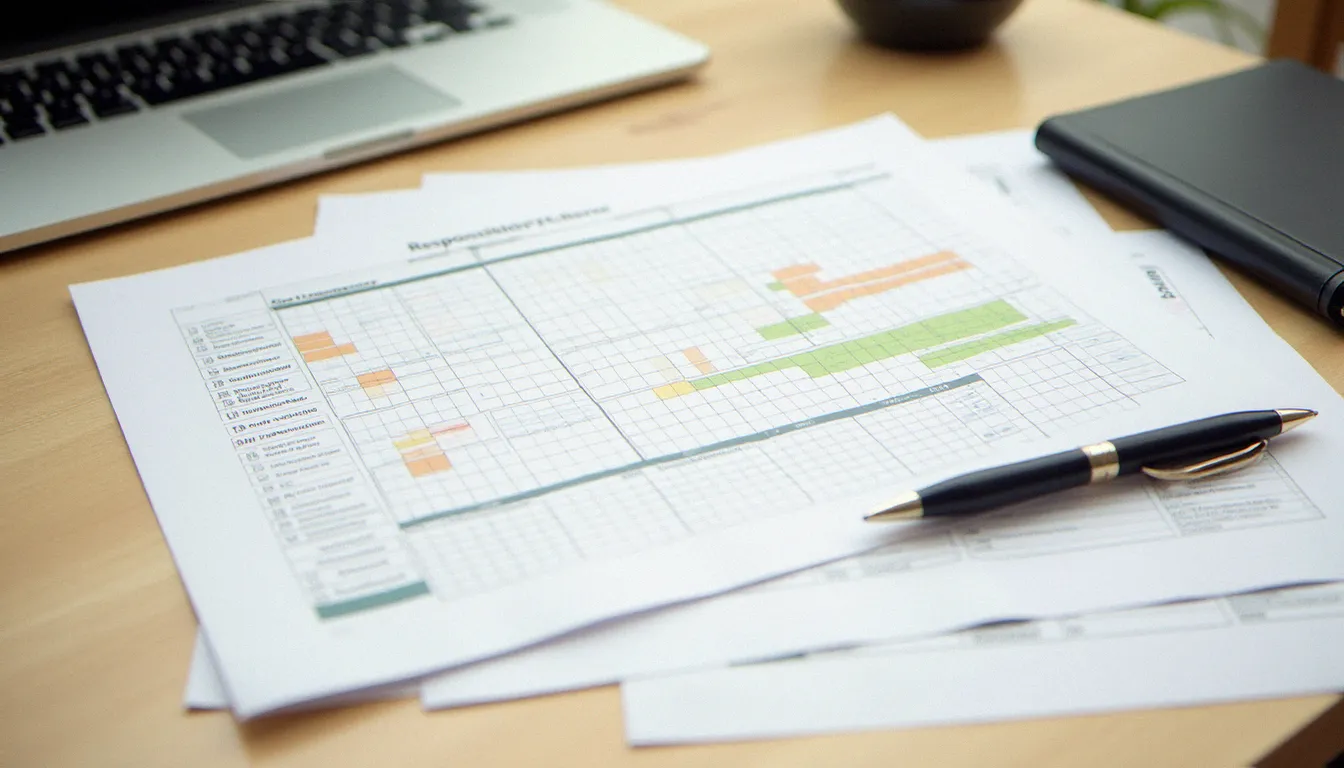 Document de gestion de projet ouvert montrant une matrice RACI et un registre des risques coloré posé sur un bureau épuré avec ordinateur portable et carnet de notes