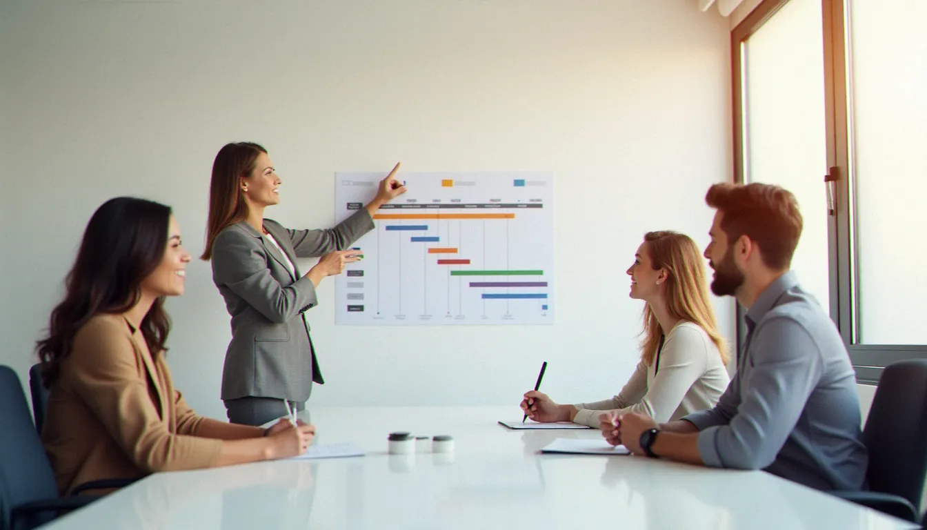 Équipe projet de trois personnes réunie autour d'un planning Gantt affiché lors d'une réunion de suivi illustrant l'utilisation opérationnelle d'un guide de gestion de projet