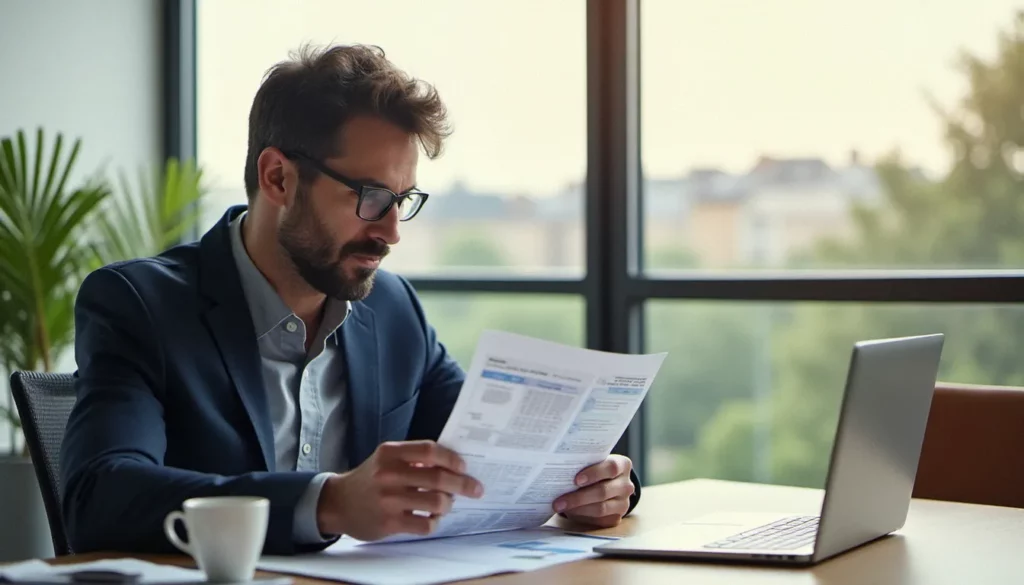 Consultant en gestion de projet examinant un guide gestion de projet PDF imprimé sur son bureau dans un bureau moderne baigné de lumière naturelle