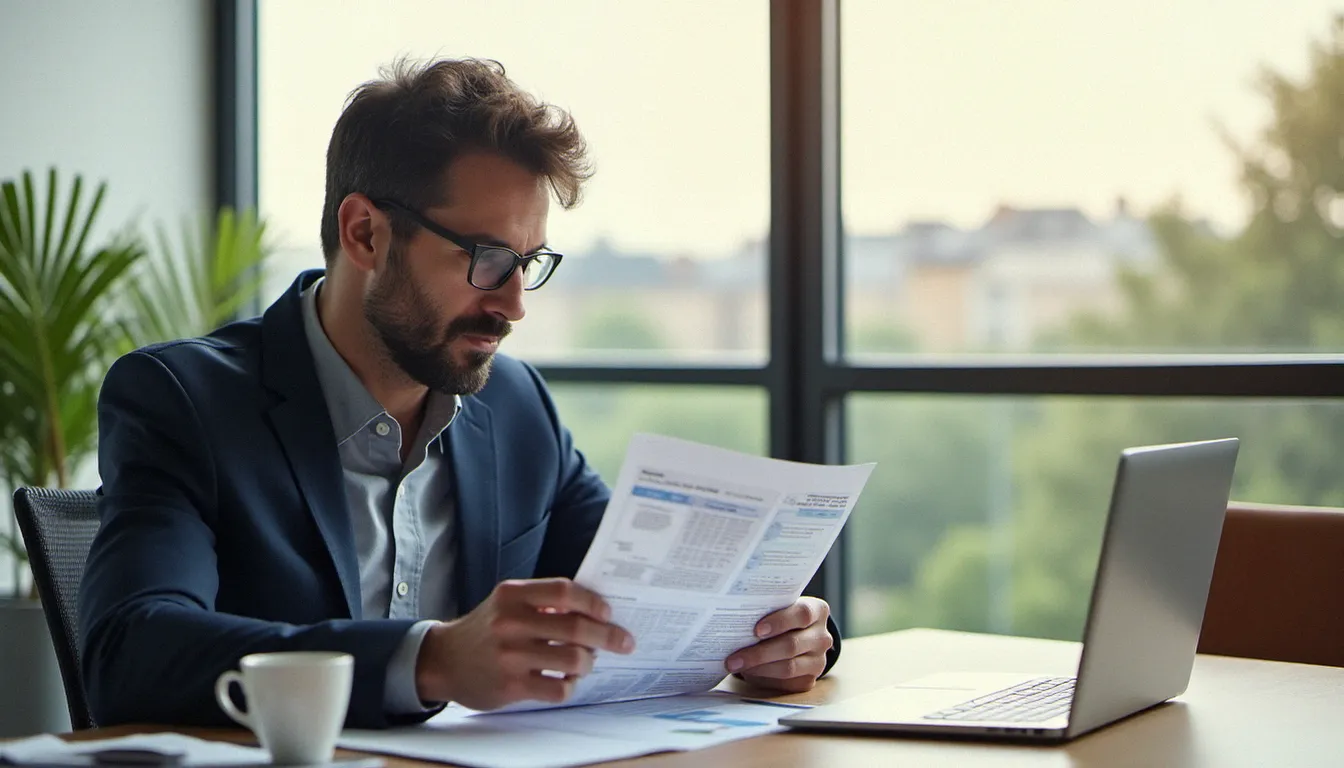 Consultant en gestion de projet examinant un guide gestion de projet PDF imprimé sur son bureau dans un bureau moderne baigné de lumière naturelle